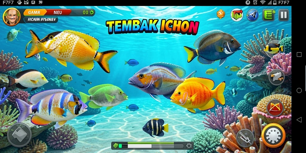 Screenshot gameplay F7F7 menunjukkan aksi menembak ikan yang mendebarkan.
