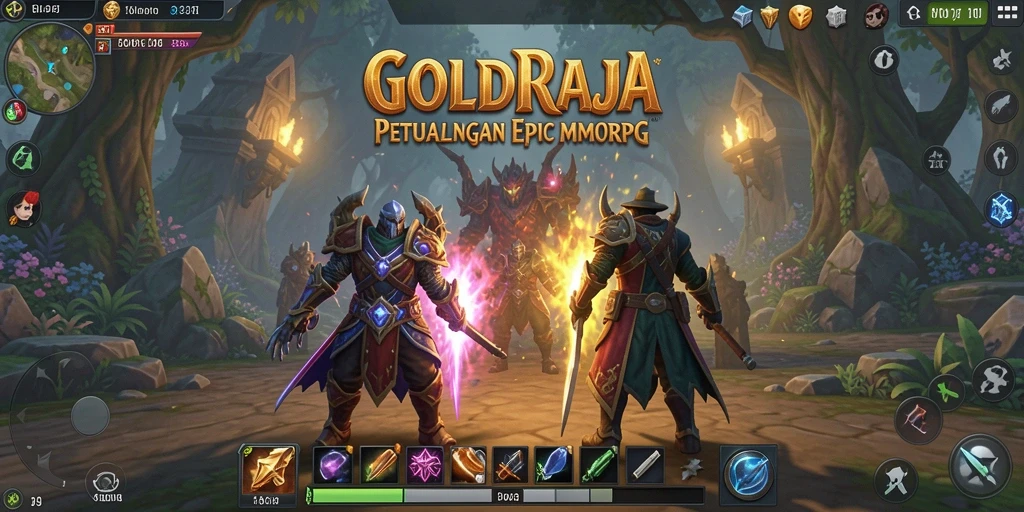 Screenshot gameplay <strong>GOLDRAJA</strong> yang menampilkan pertarungan epik di dunia fantastis.