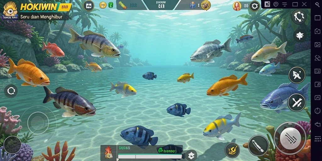 Screenshot utama HOKIWIN menampilkan aksi seru dalam tembak ikan.