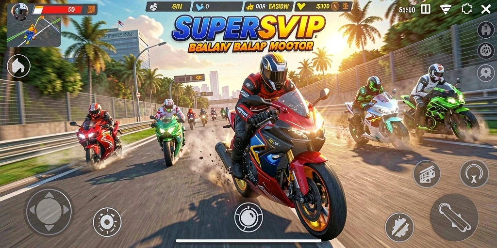Tampilan gameplay seru dalam SUPERSVIP, balapan motor yang mendebarkan.