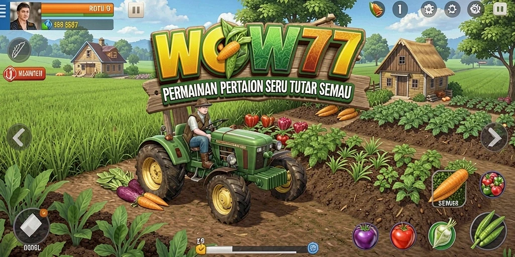 Screenshot utama WOW77 menampilkan gameplay pertanian yang menarik dan interaktif.